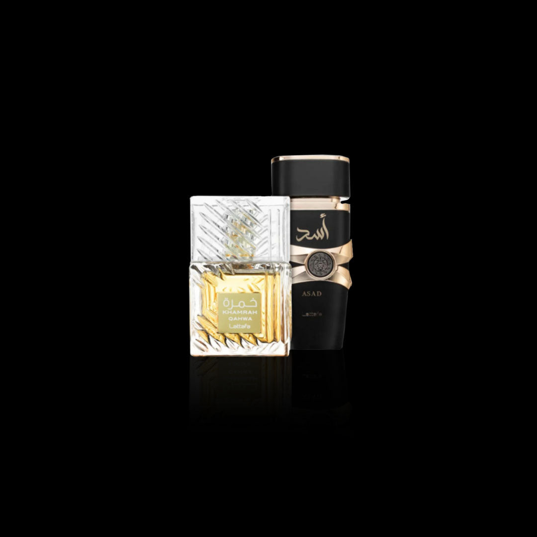 Pachet 2 Parfumuri - Lattafa Khamrah Qahwa 100ml & Asad 100ml, Barbat